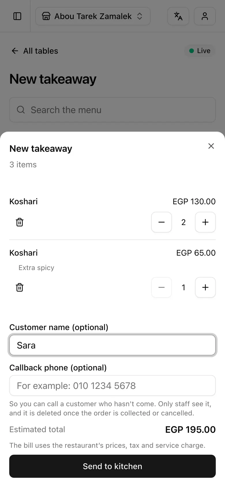 The waiter screen on a phone, entering a walk-in's takeaway order: two lines, a note for the kitchen and the customer's name, ready to send to the kitchen