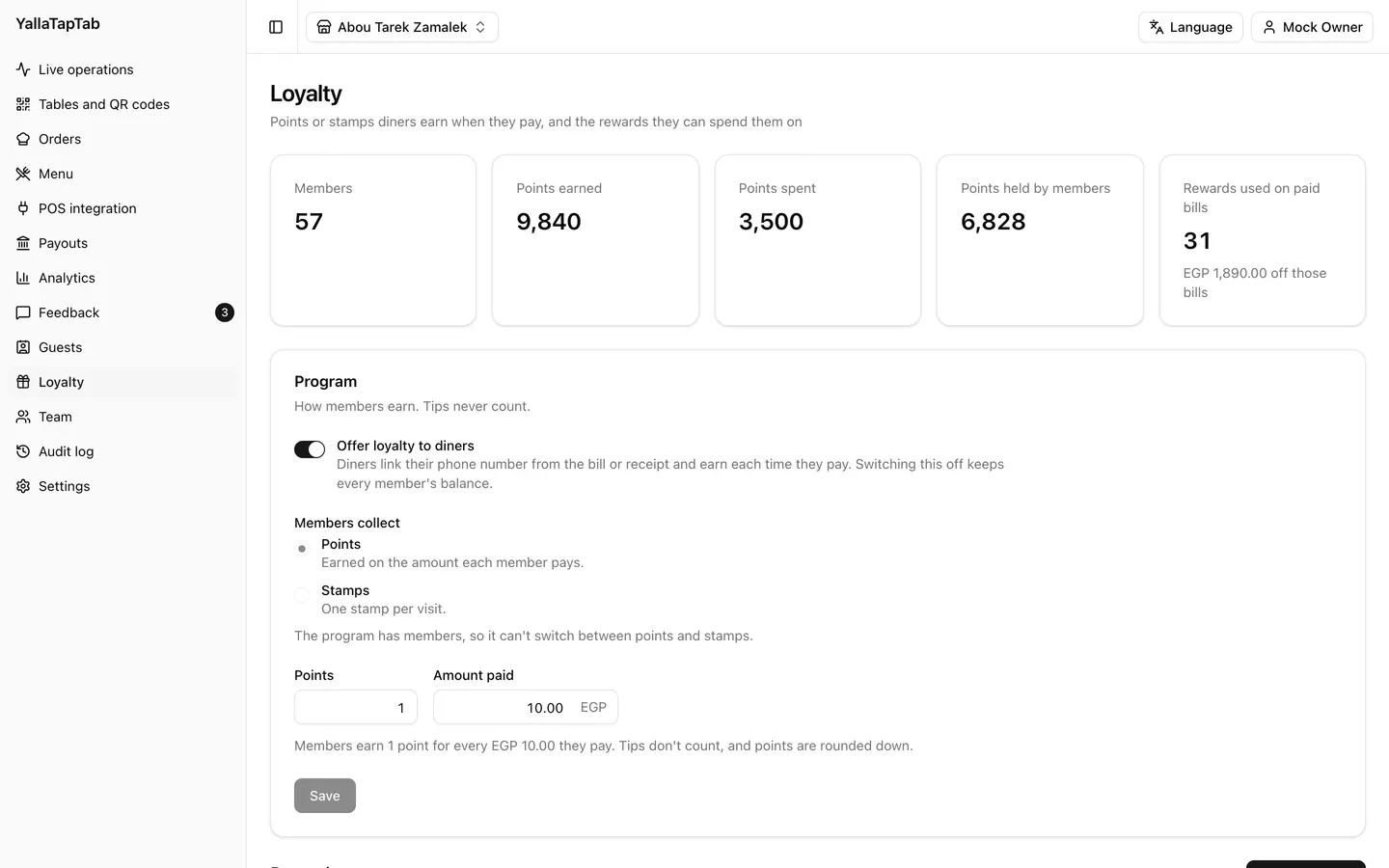 The dashboard's loyalty page: the rules, rewards and members